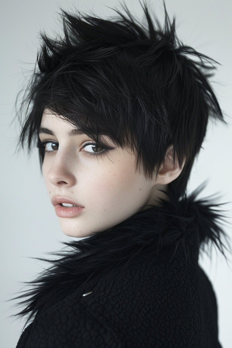 Woman's wolf cut hairstyle. Short raven-black hair with feathered layers.