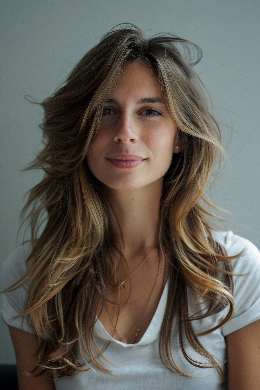 Layered haircut. Bohemian-style long waves.