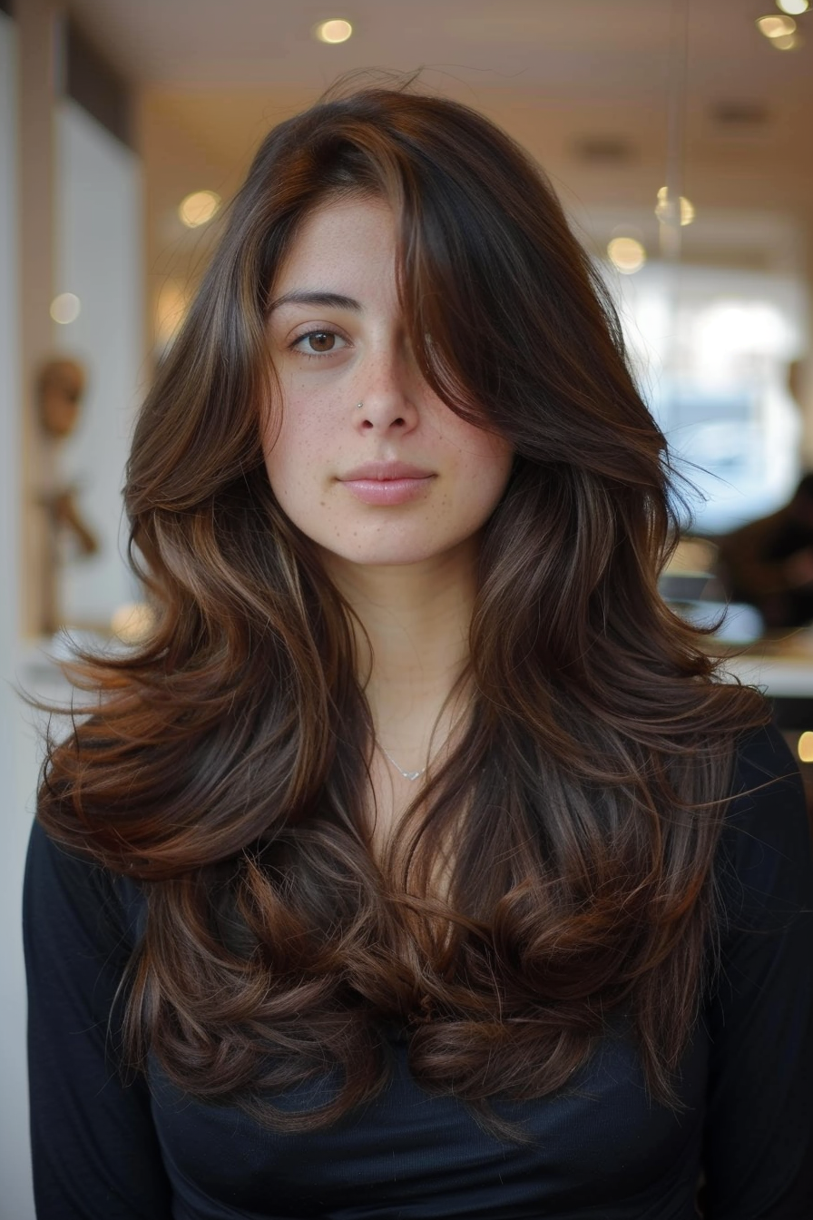 Front Layered Haircut. Long brown hair curled at ends with a side parting.