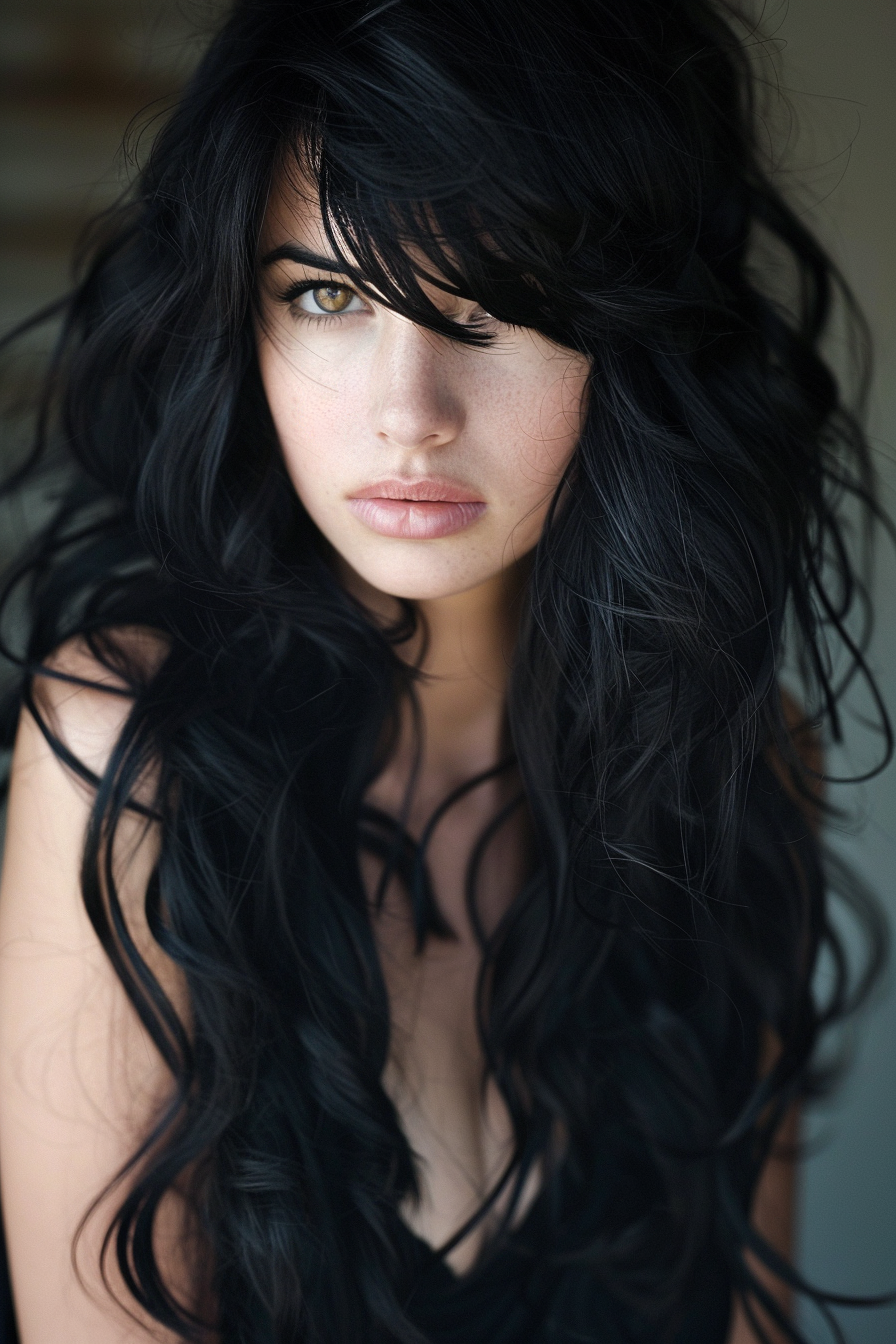 Long wavy hairstyle. Black sweeping side bangs tangled curls in chestnut undertone.