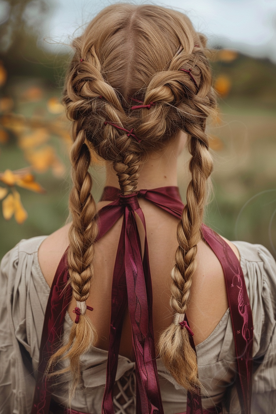 Braided hairstyle. Dutch braids intertwined with burgundy ribbons.