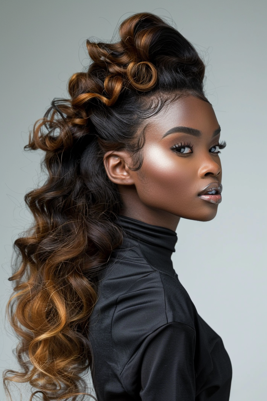 Half-up half-down weave hairstyle with ombre curls.