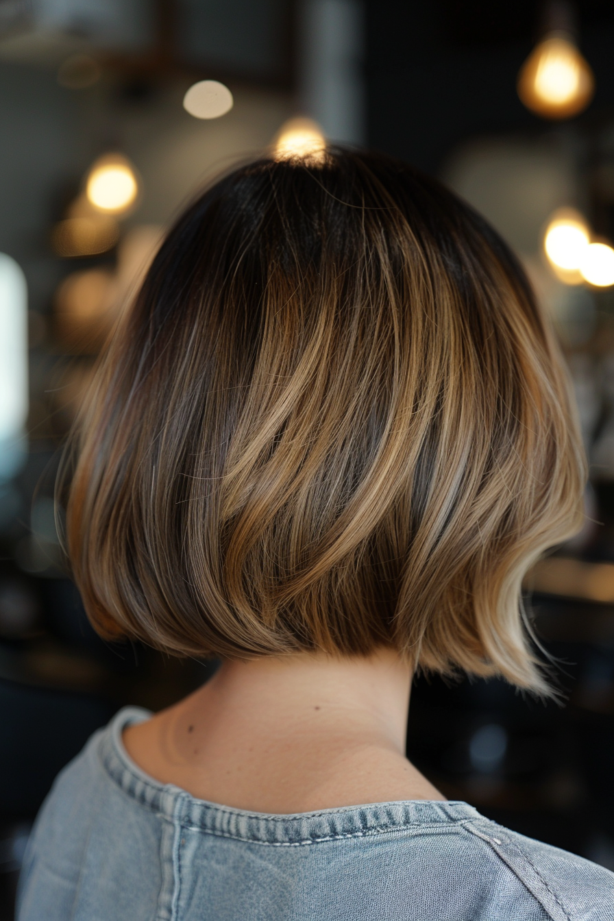 Woman hairstyle. Honey blonde money piece highlights on dark rooted bob cut.