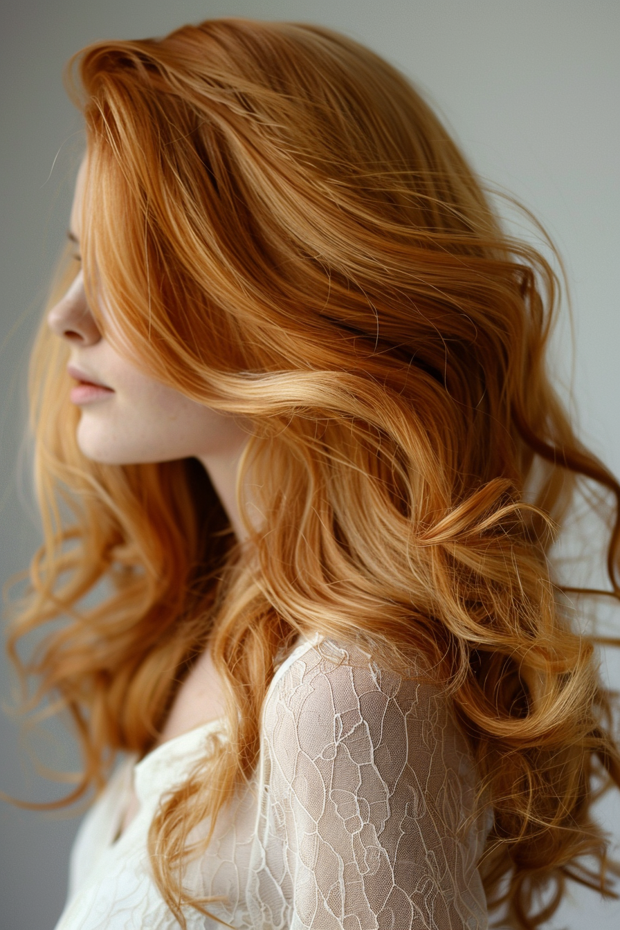 Strawberry blonde hair woman hairstyle. Loose, wavy curls.