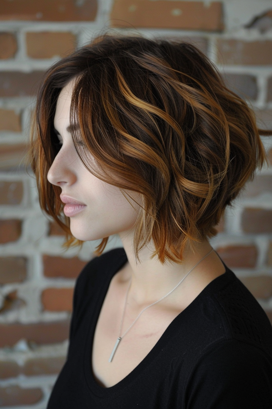 Short wavy hairstyle. Chin-length bob with deep caramel highlights.