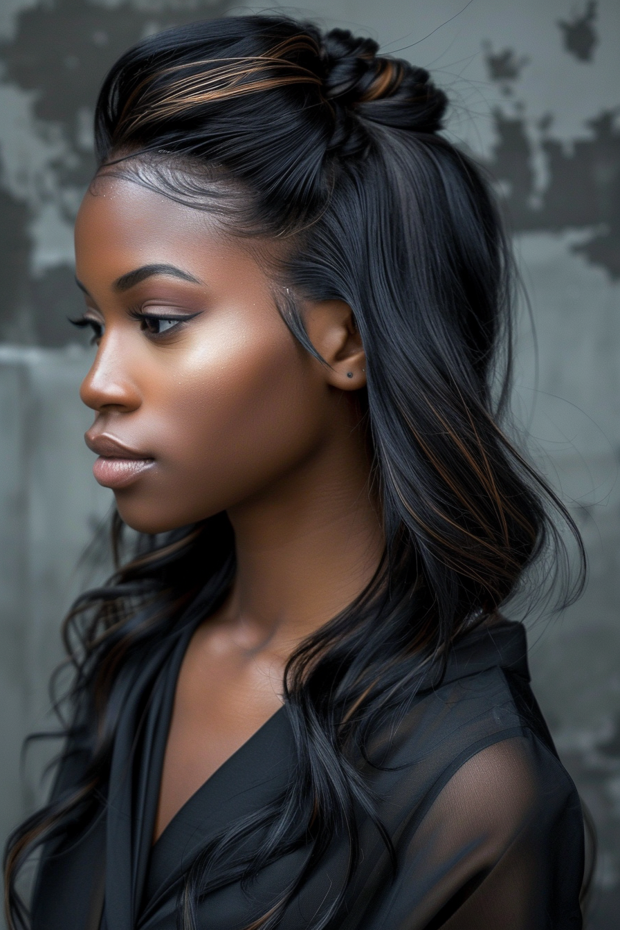 Half-Up Half-Down Weave Hairstyle. Silky sleek jet black hair with subtle caramel highlights.