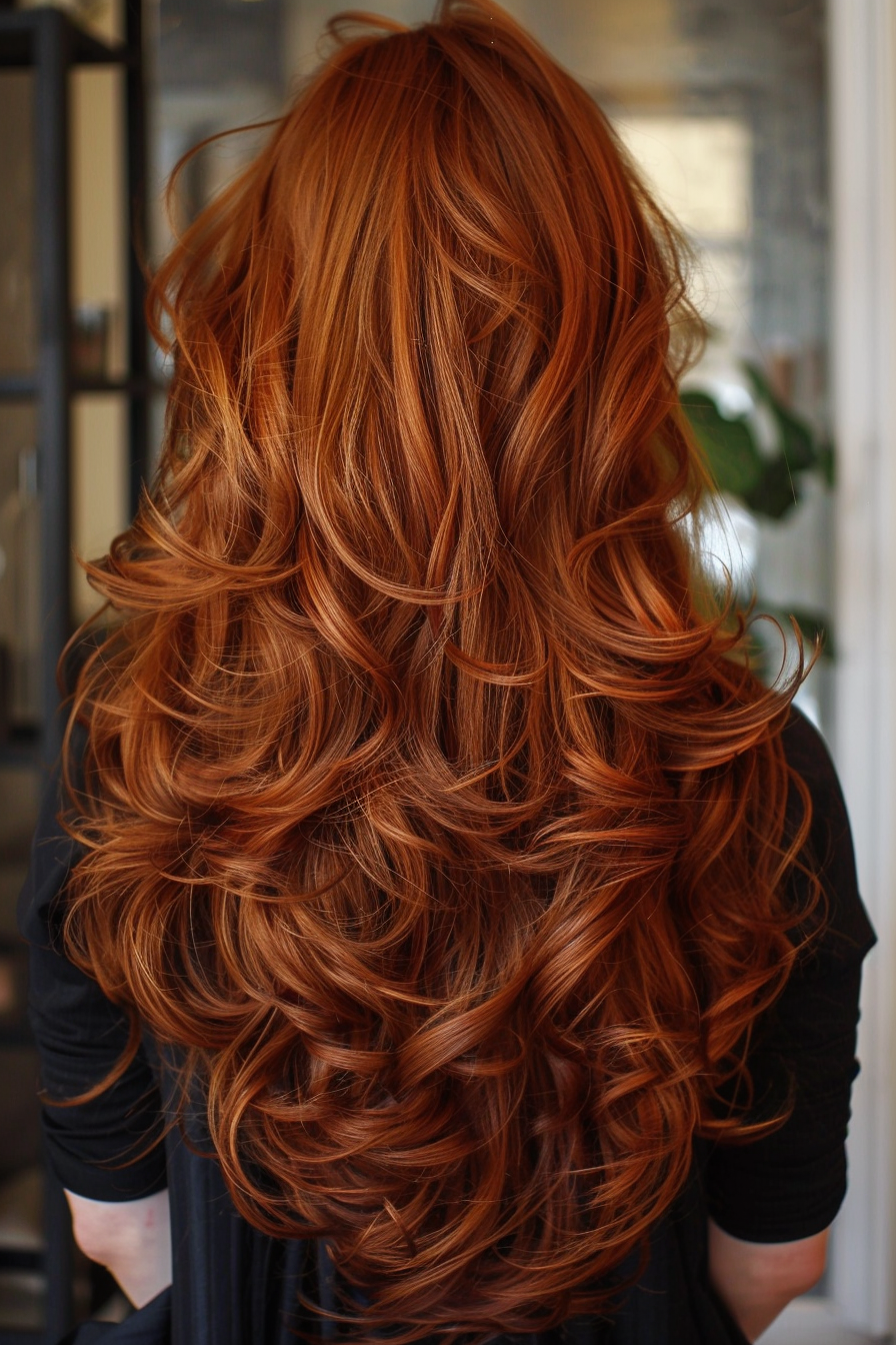 Long woman hairstyle. Chestnut brown wavy curls with layered fringe.