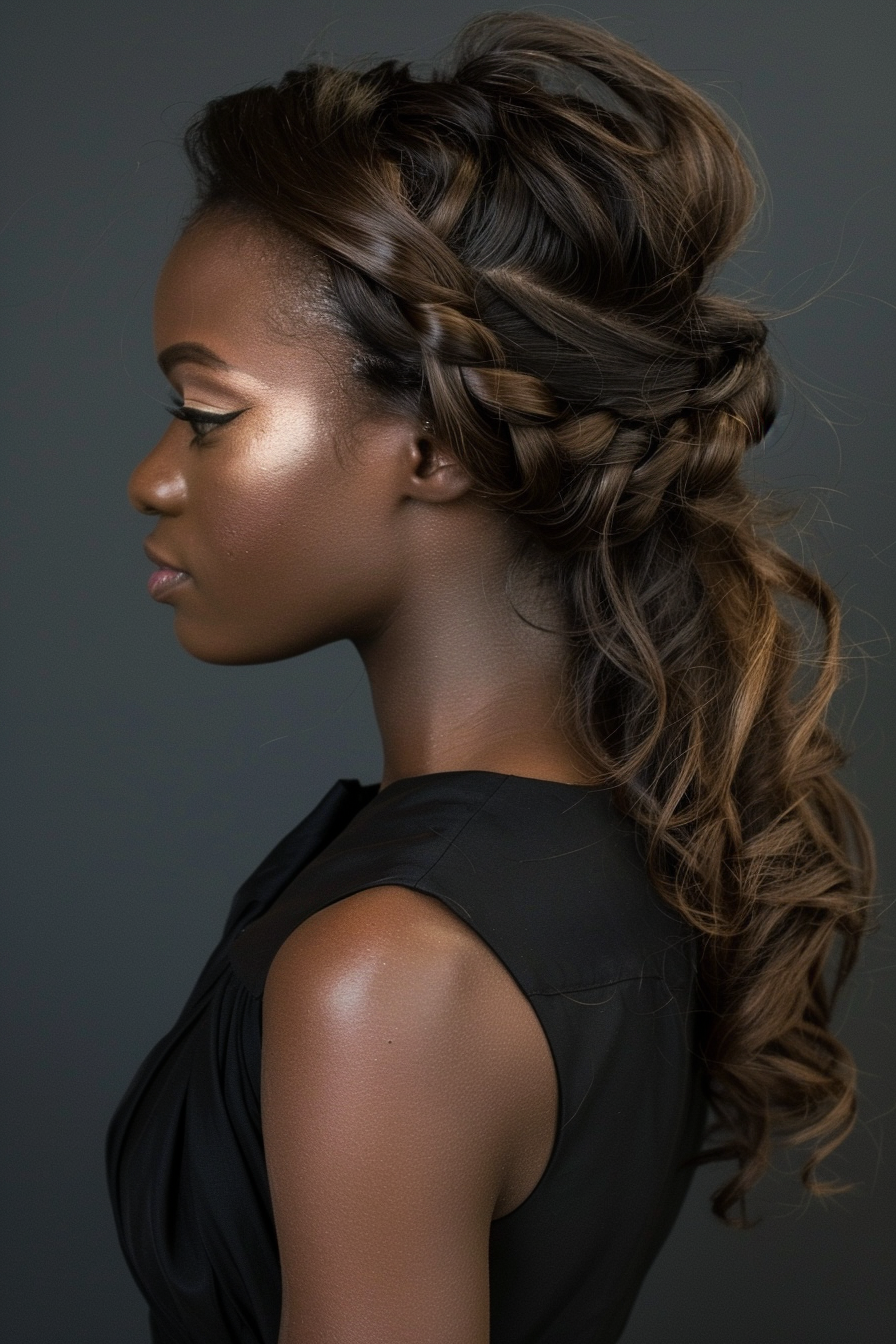 Half-Up Half-Down Weave Hairstyle. French braided top with loosely curled bottom.