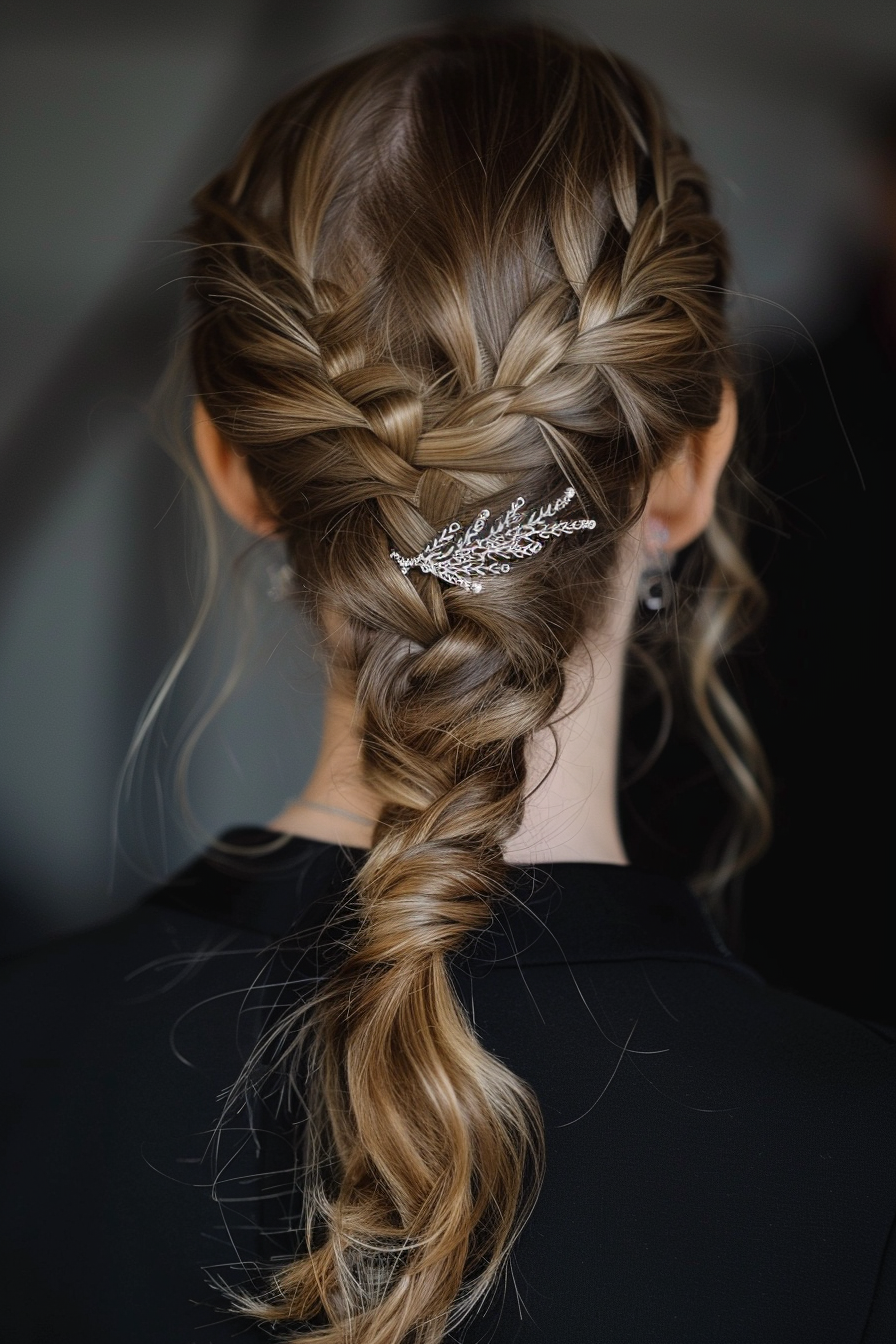 Woman hairstyle. Fishtail braid adorned with silver hairpin.