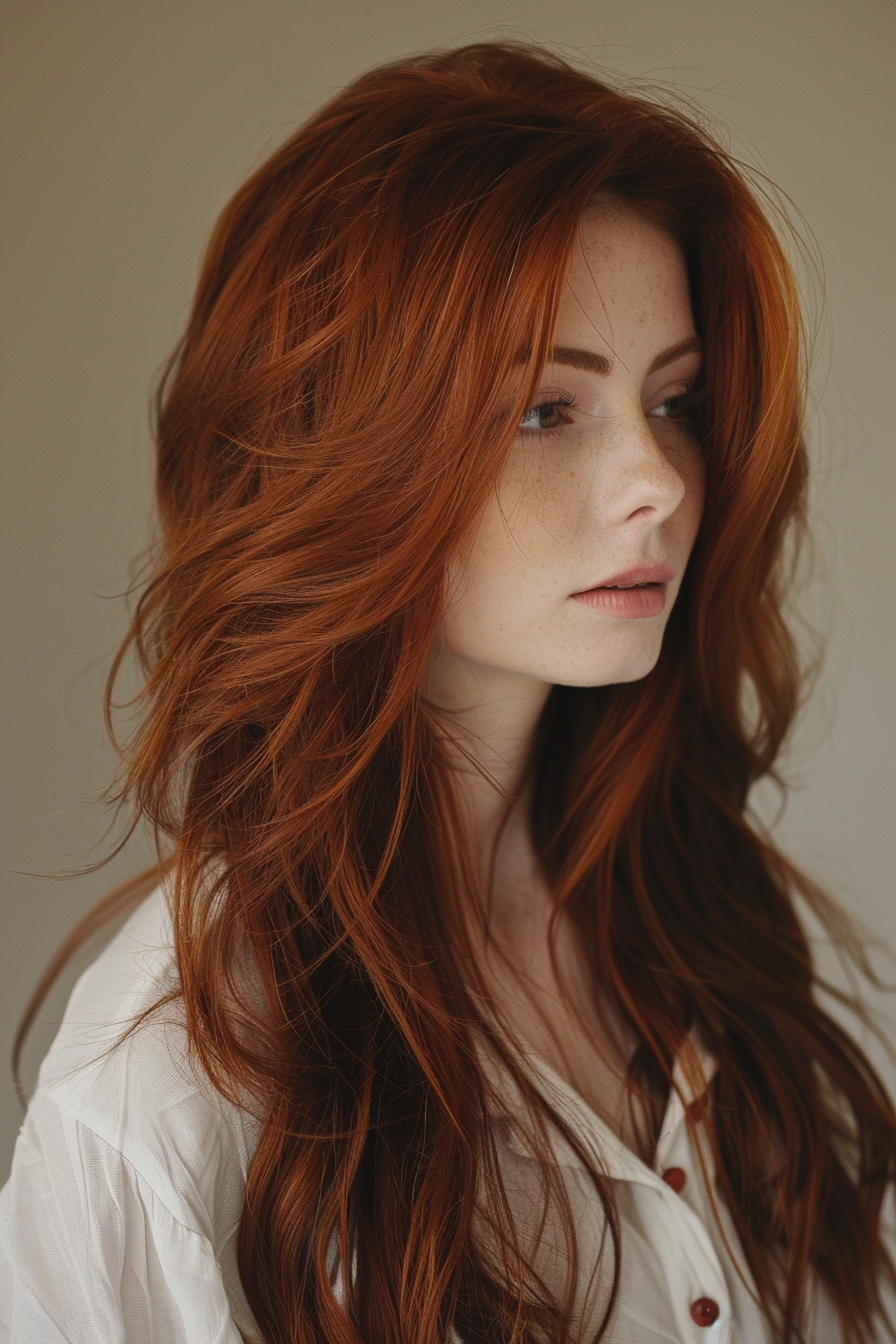 Auburn hair color woman hairstyle. Long layers with soft waves.