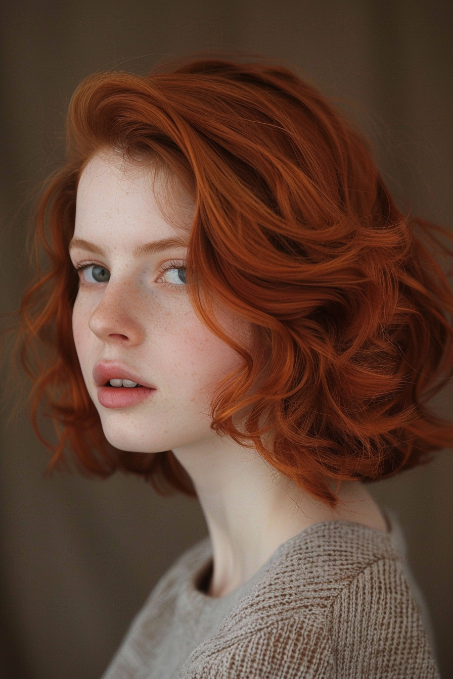 Auburn hair color hairstyle. Wavy side-part bob.