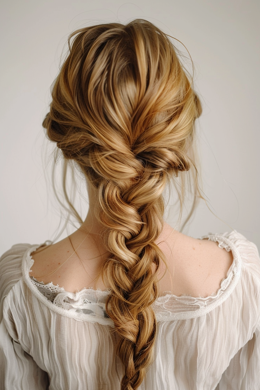 Dirty blonde hair woman hairstyle. French braids with loose waves.