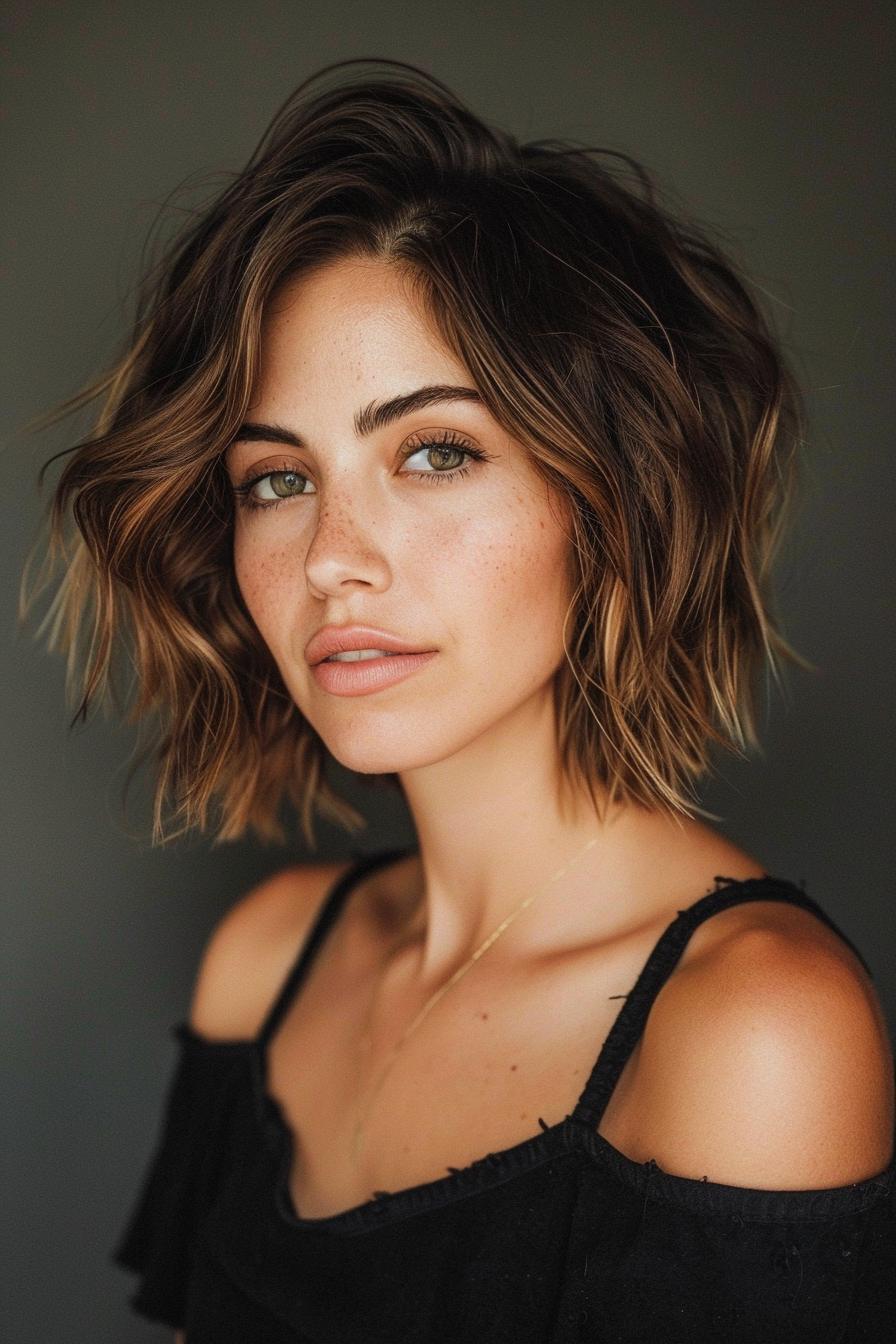 Short wavy woman hairstyle. Loose beach wave bob.