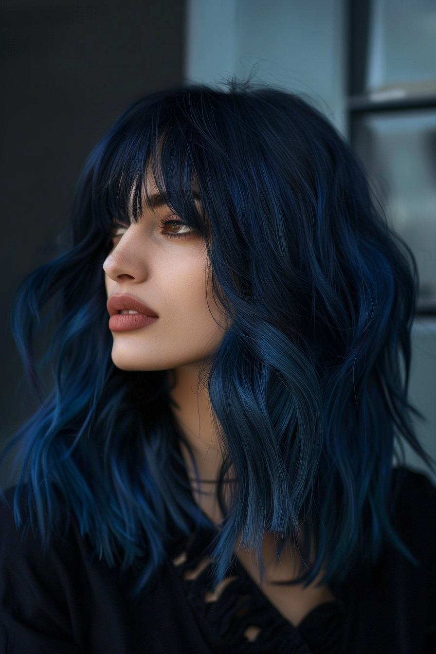 Blue hair color woman hairstyle. Dark navy waves paired with side-swept bangs.