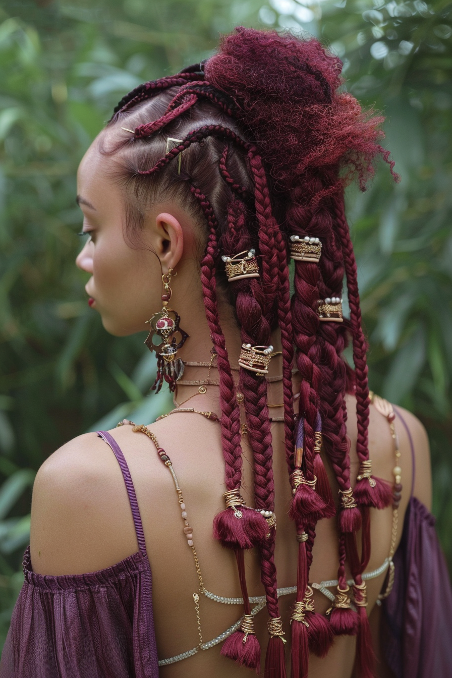 Two-strand twist hairstyle. burgundy dyed hair with small jewelry ornaments.