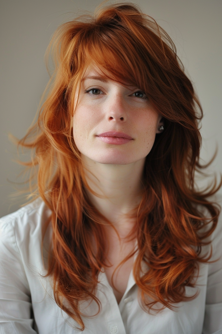 Layered haircut. Woman's voluminous red hair with side bangs.