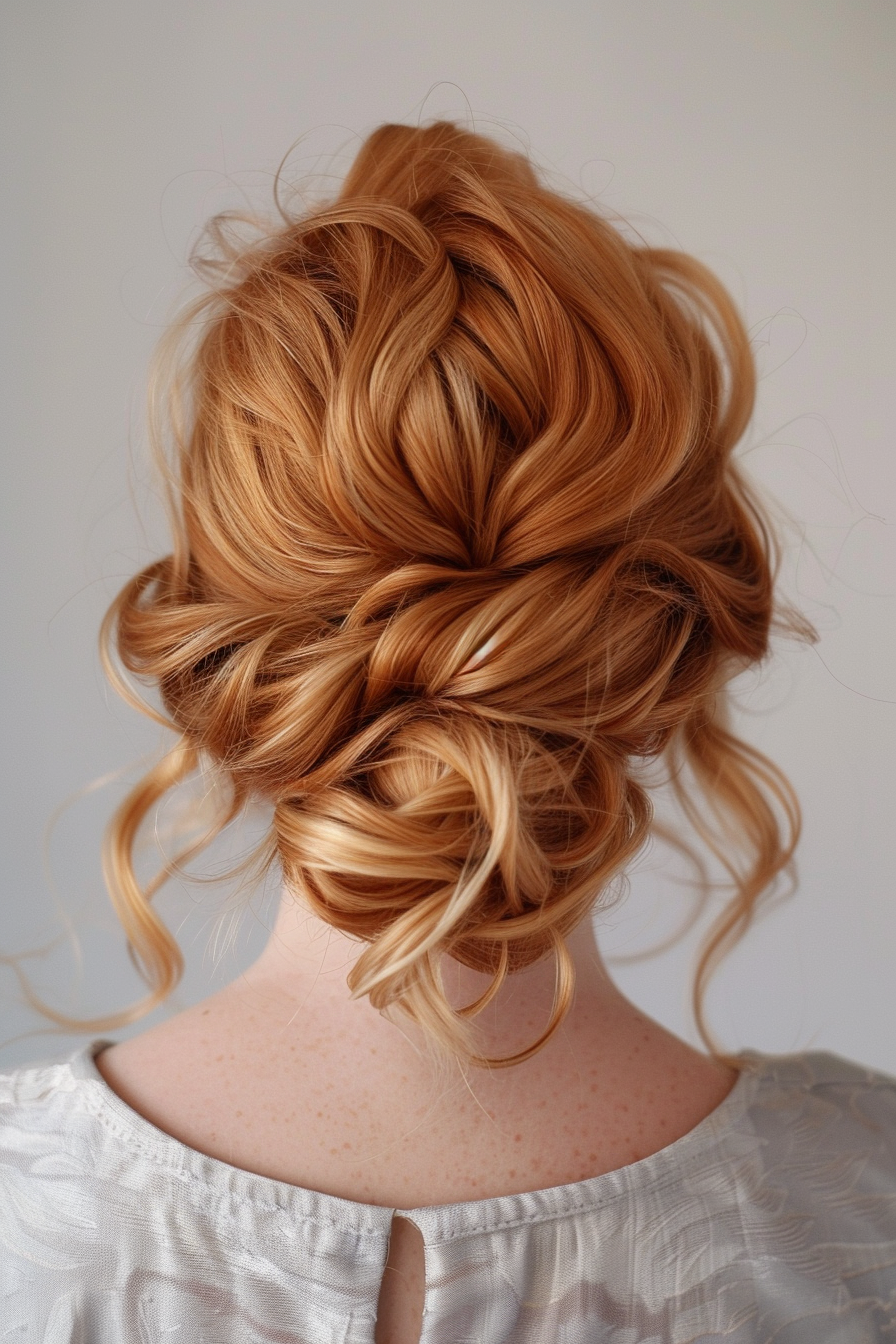 Strawberry blonde hair woman hairstyle. Loose beach wave bun.