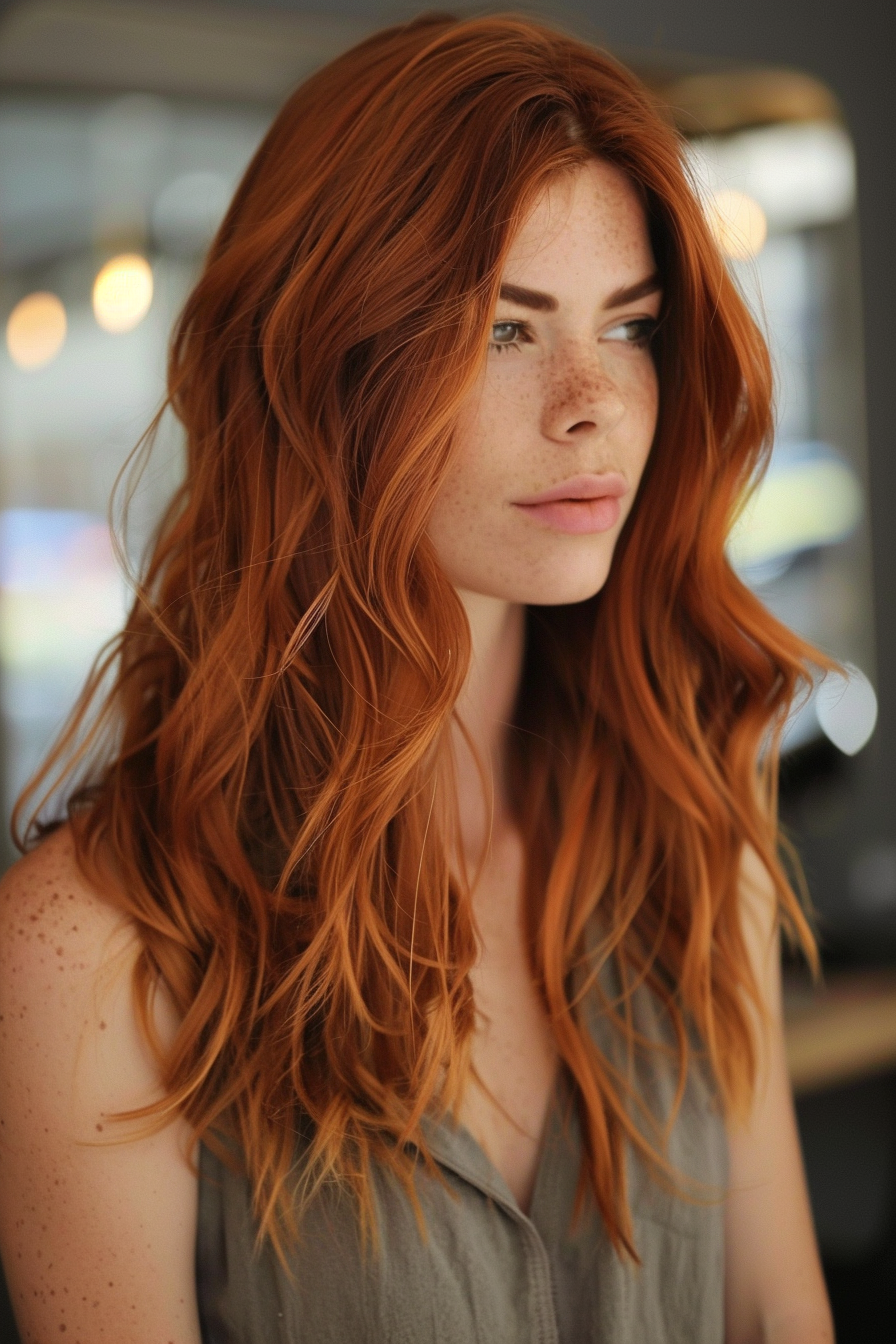 Auburn hair color woman hairstyle. Loose shoulder-length waves with middle parting.