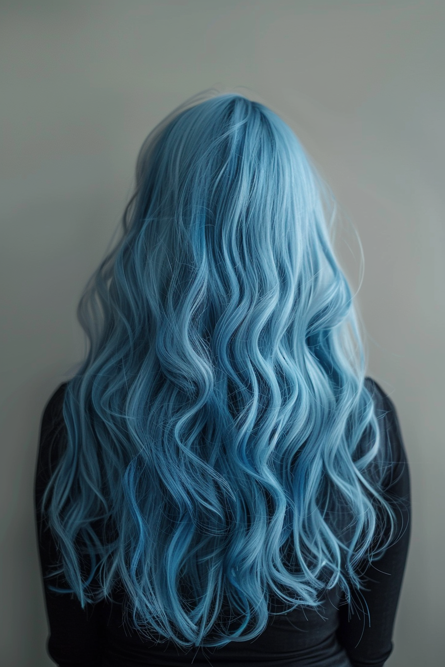 Blue hair color woman hairstyle. Long loose waves.