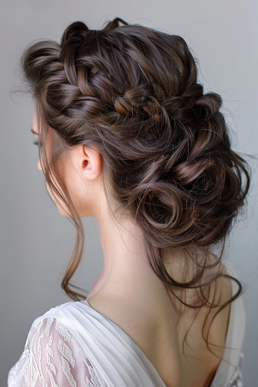 Prom updo woman hairstyle. Brunette long hair styled into a complex braided updo.