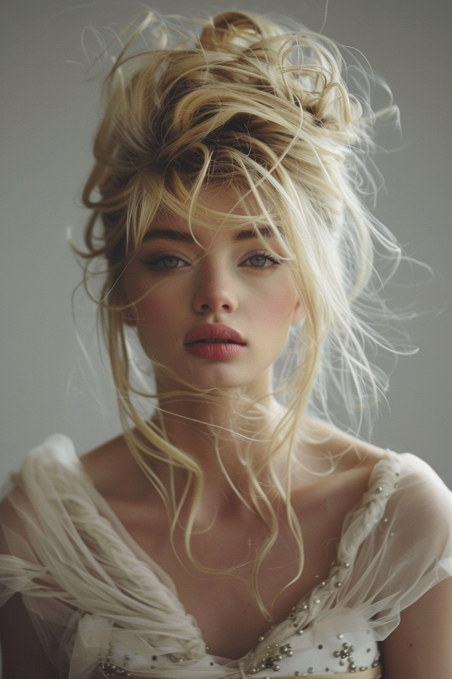 Gorgeous sloppy pouf hairstyle. Teased top with loose wavy strands for long hair.