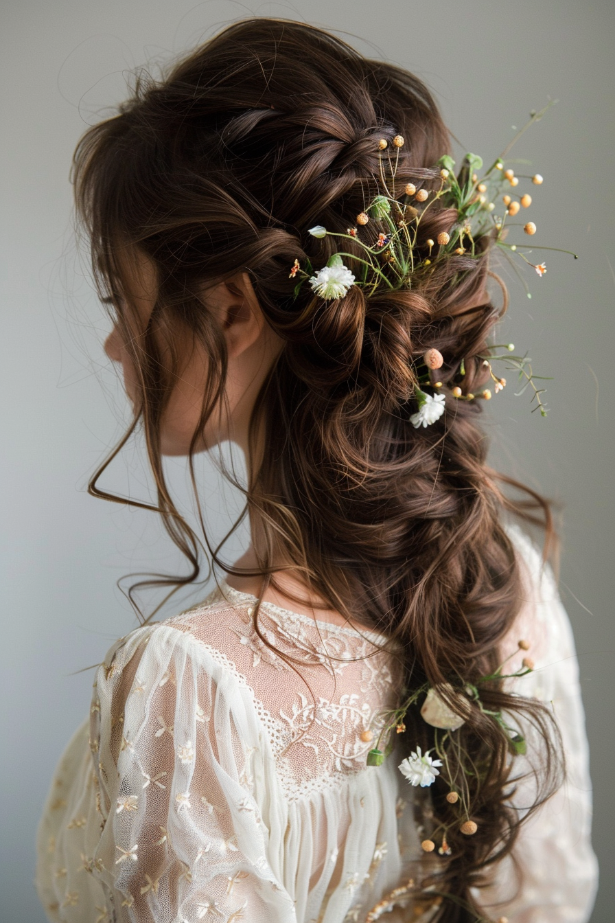 Prom updo hairstyle. Long brunette hair, tousled and pinned back with floral accents.