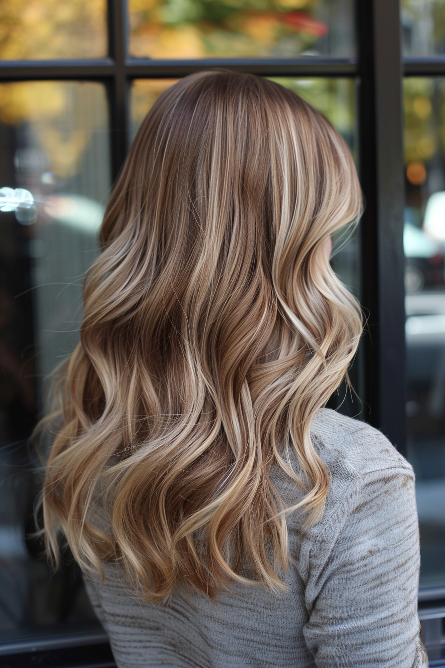 Balayage hairstyle. Light brown with flecks of caramel blonde.