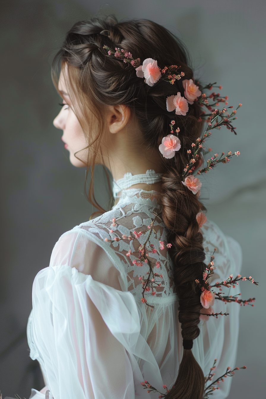 Woman hairstyle. Fishtail braid adorned with subtle pink flowers.