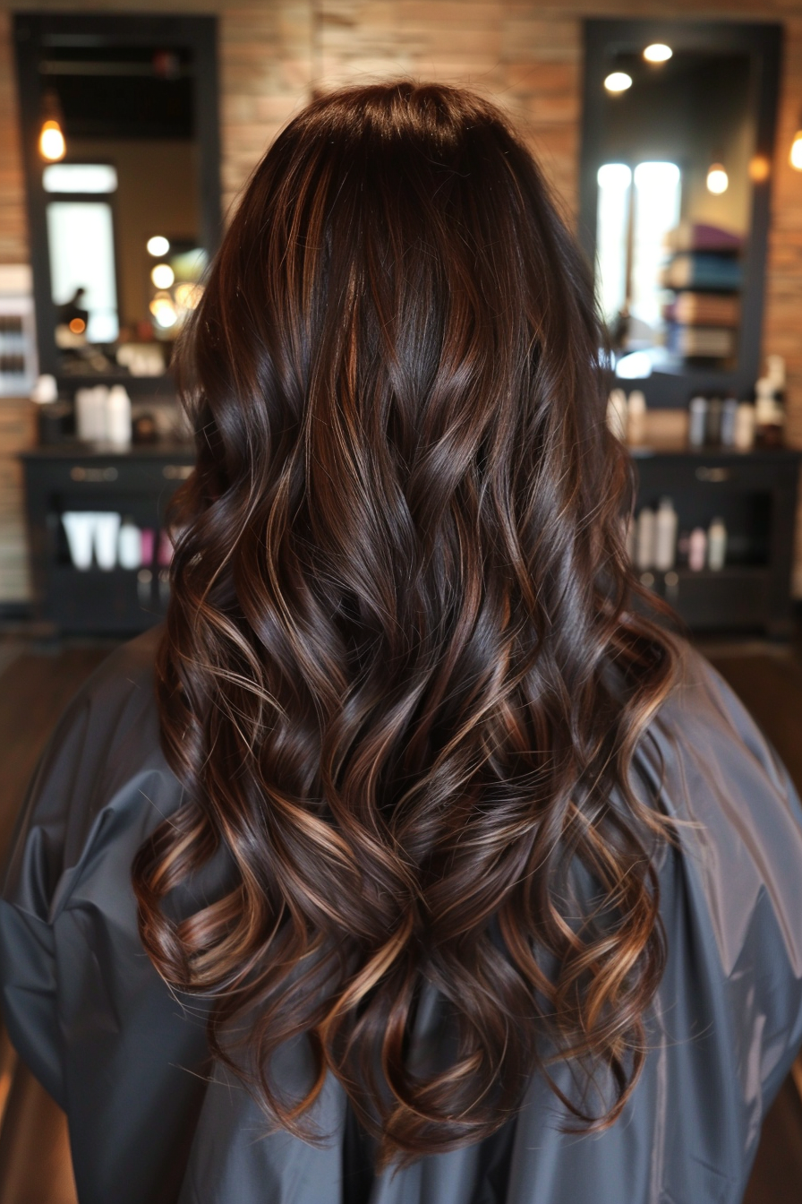 Balayage hair color. Subtle caramel ribbons in chestnut hair.