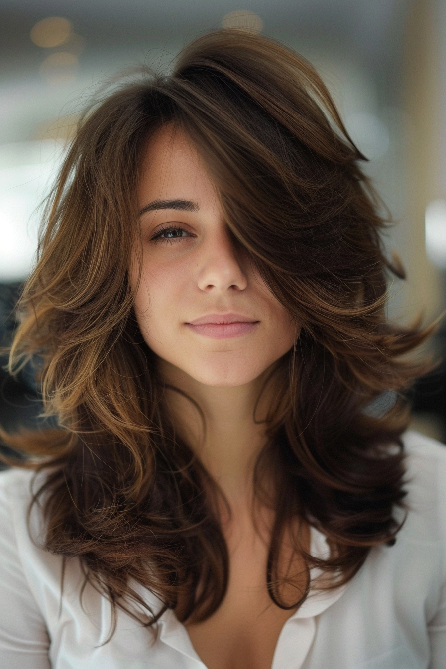 Front Layered Haircut Woman Hairstyle. Chocolate brown locks with cascading, feathered layers.