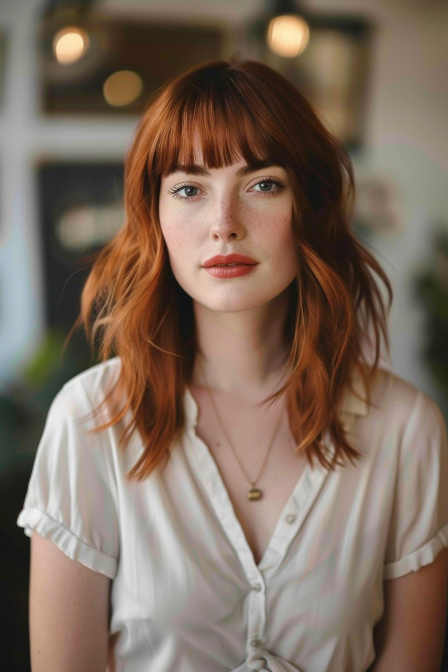 Chic shoulder-length woman hairstyle. Auburn-colored hair with curtain bangs.