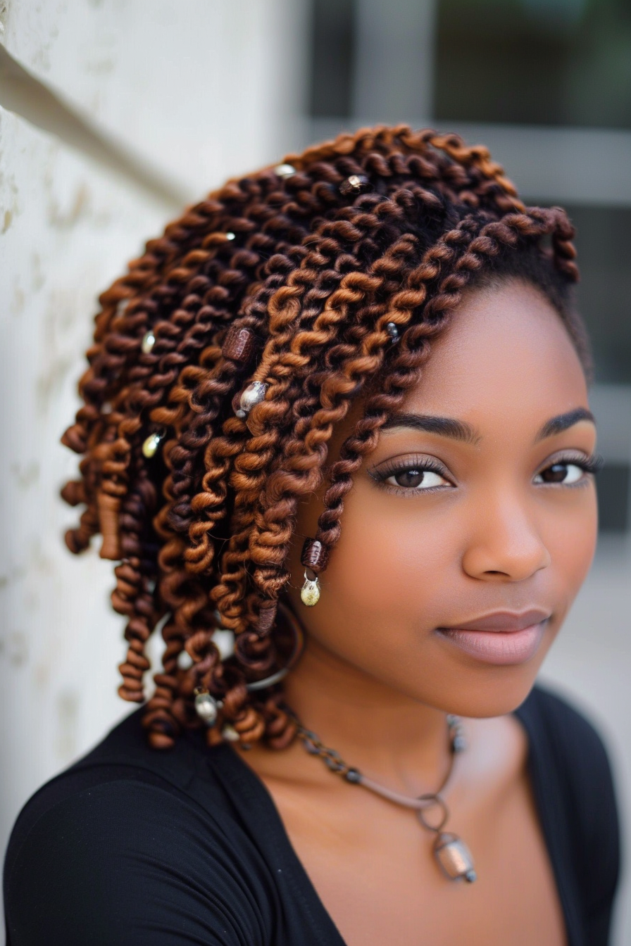 Two-strand twist hairstyle. Auburn ombre with loose, beaded ends.