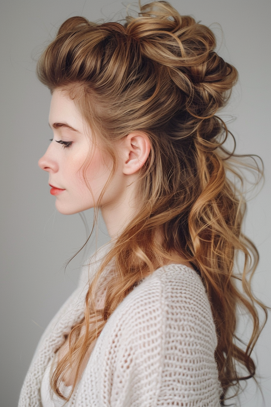 Gorgeous sloppy pouf hairstyle. Caramel long hair with soft curls.