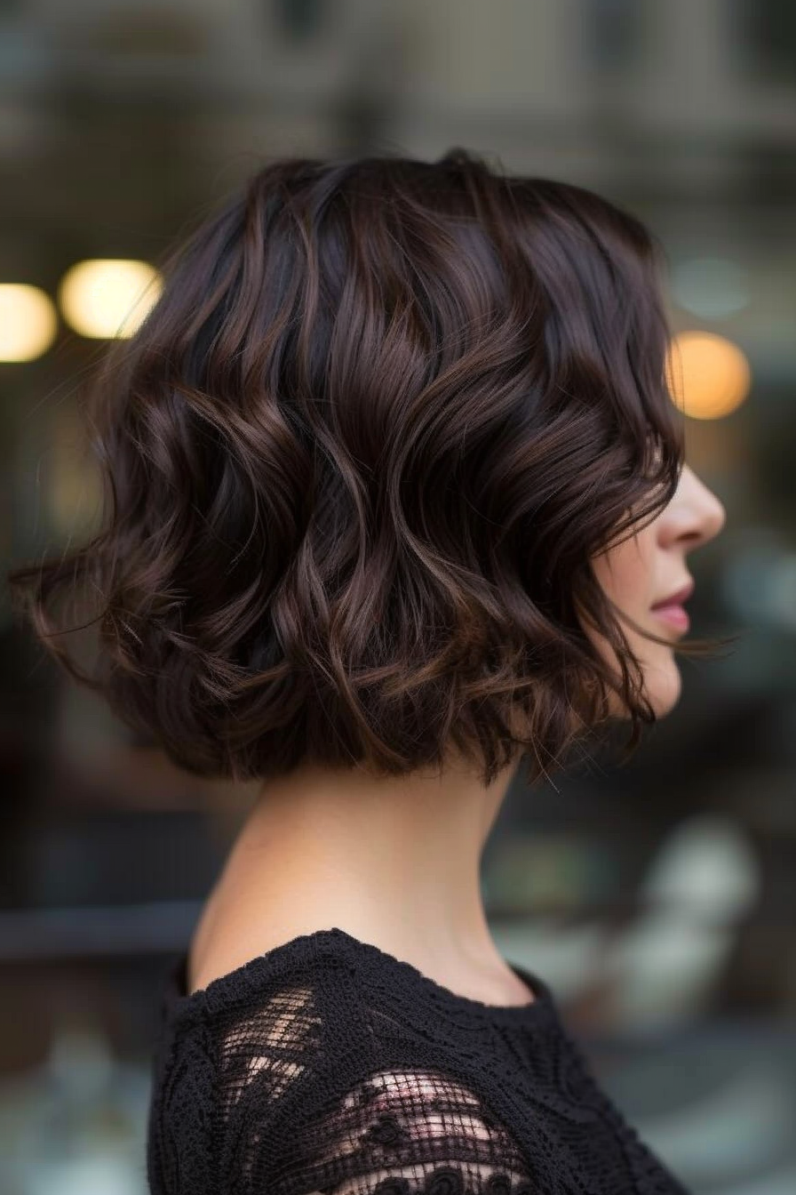 Short wavy hairstyle. Chocolate colored bob with delicate waves.