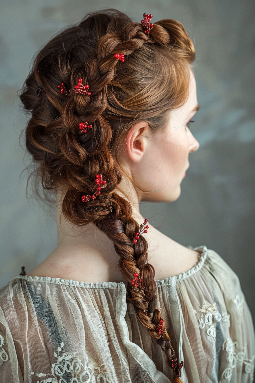 Woman's braided hairstyle. Side-swept fishtail braid with ruby-red hairpins.