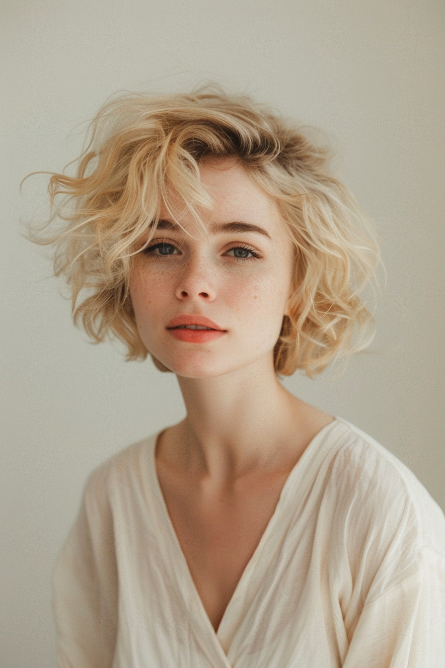 Short summer hairstyle. Curly blonde bob with loose waves.