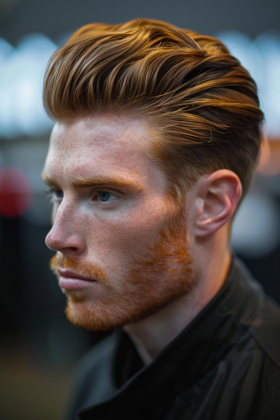 Men's hairstyle. Low taper fade with slicked-back top.