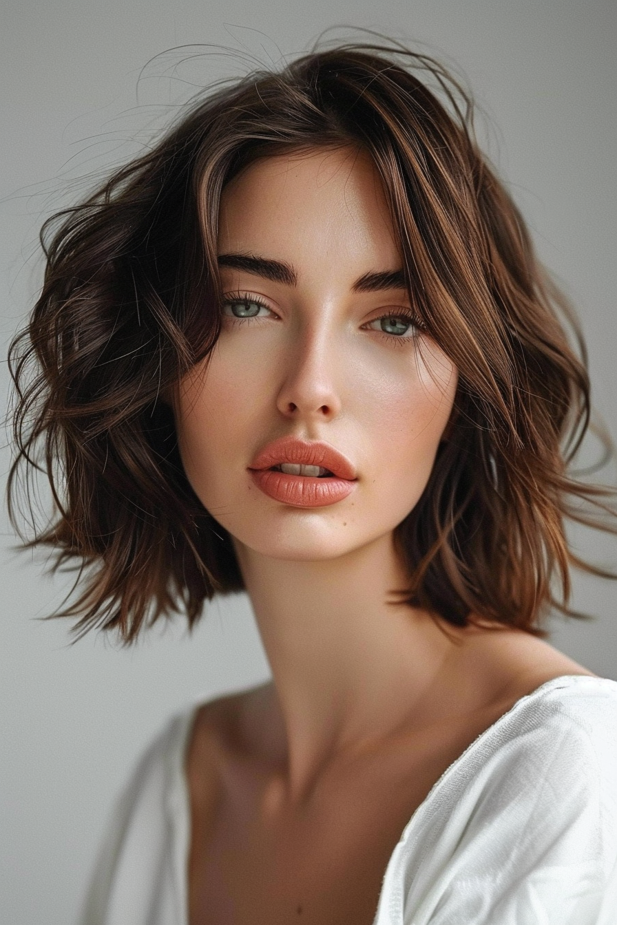 Trendy summer woman haircut. Shoulder-length layered bob.