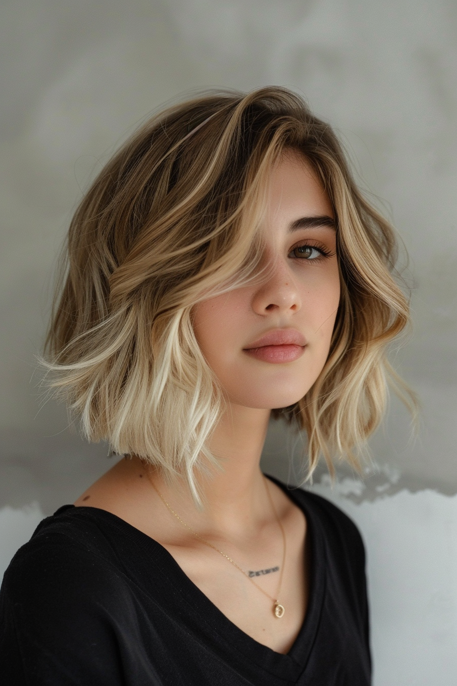 Money Piece Highlight hairstyle. Blonde face-framing locks on brunette bob.