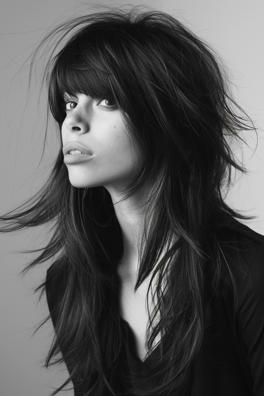 Layered haircut. Long voluminous layers with sharp bangs.