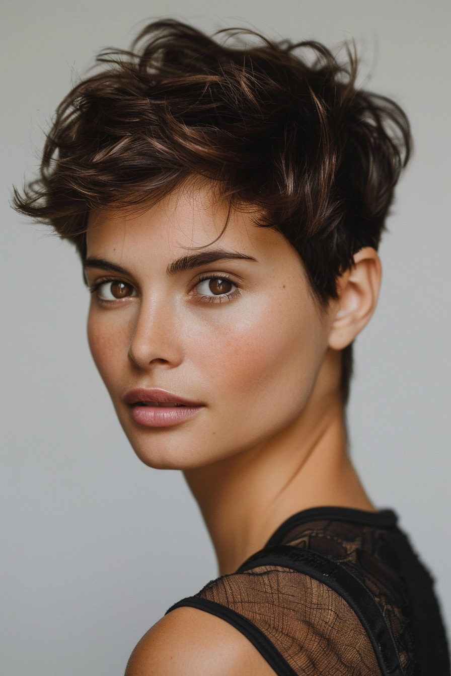 Trendy summer woman haircut. Short pixie cut with chocolate brown highlights.