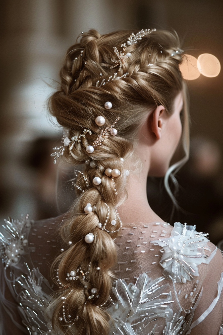 Fishtail braid hairstyle. Swept cascade of intricate braids with crystalline pearl accessories incorporated.