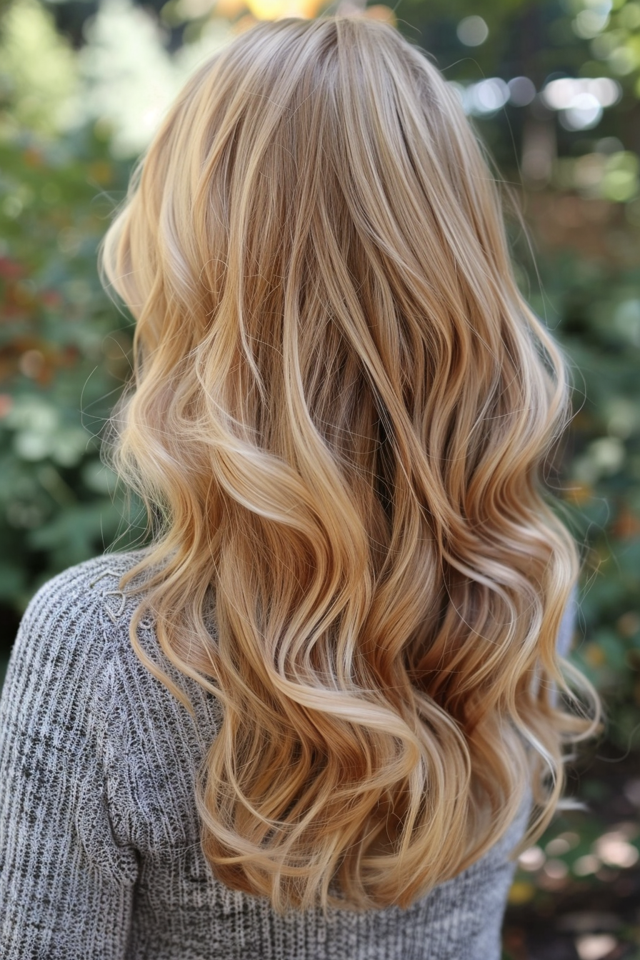 Balayage hair color. Honey blonde hues on a long, wavy bob.