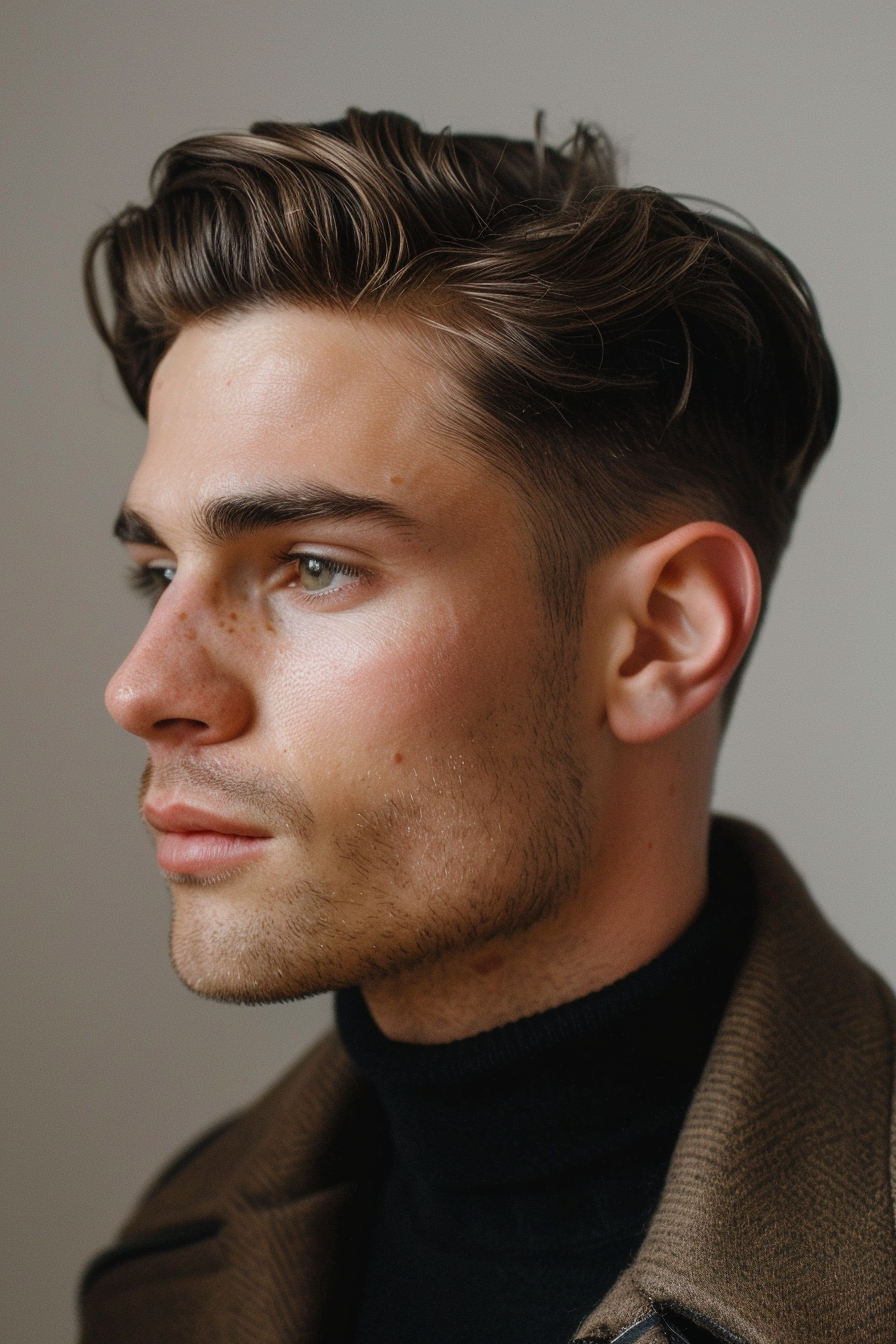 Low Taper Fade men hairstyle. Sleek, side-part look with a clean neckline.