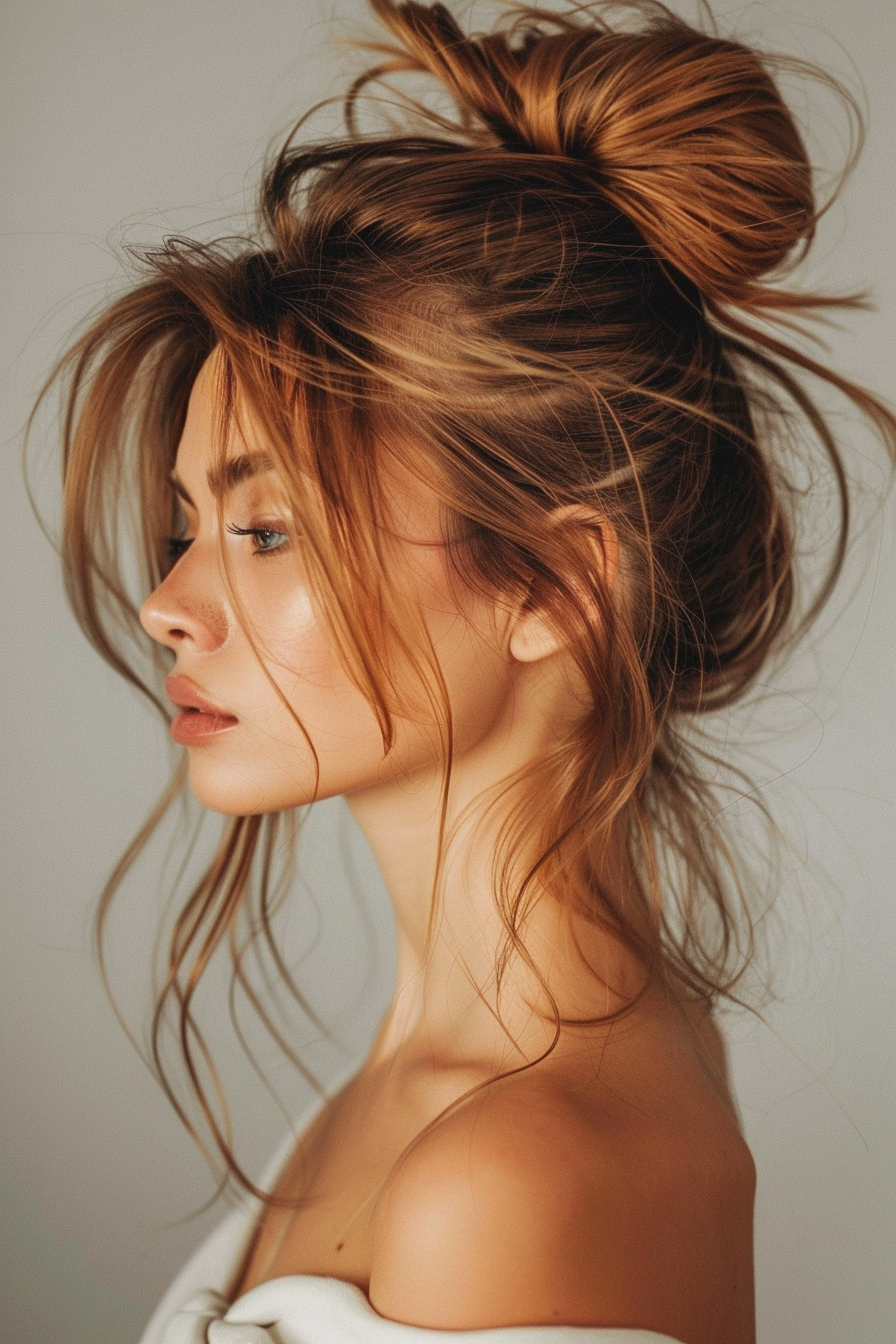 Gorgeous sloppy pouf woman hairstyle. Long caramel hair with soft, messy bun.