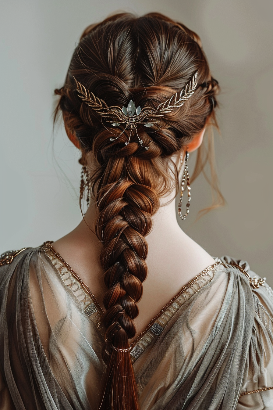 Woman hairstyle elegant. Burnt umber fishtail braid with hair ornaments.