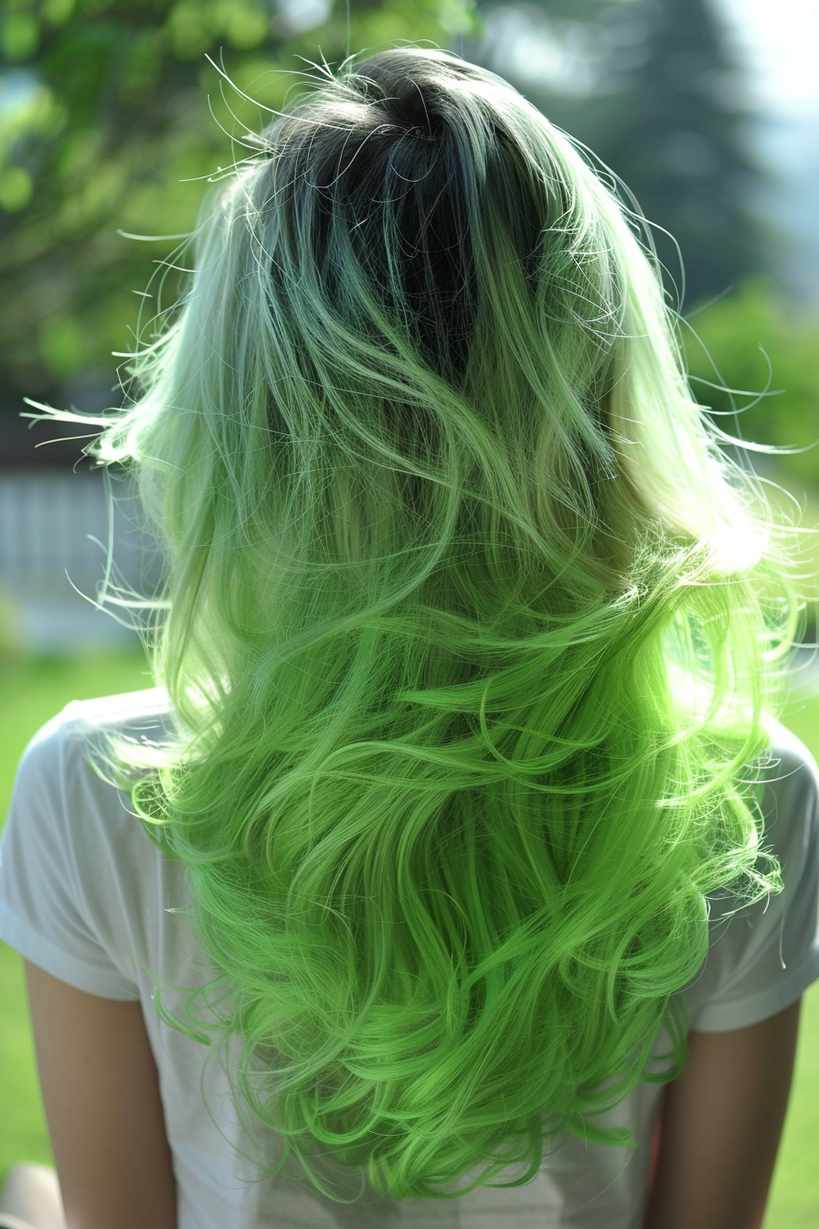 Green ombre hairstyle. Forest green roots fading into lime tips.