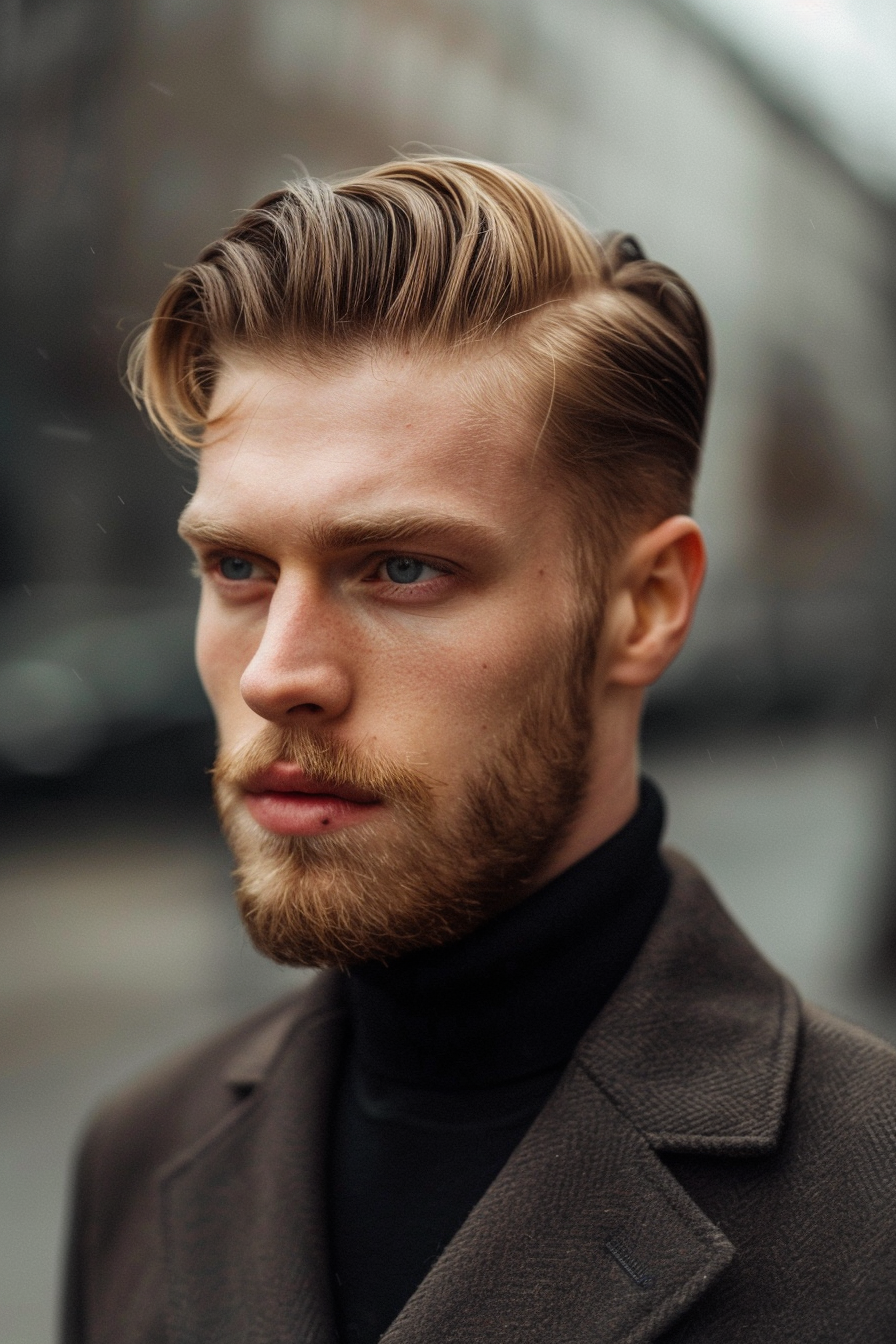 Low taper fade men hairstyle. Slicked back with side part.