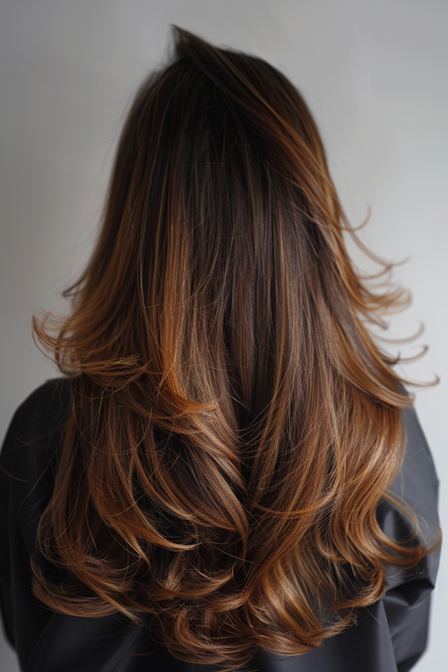 Woman hairstyle. Dark brown to caramel balayage with layered cut.