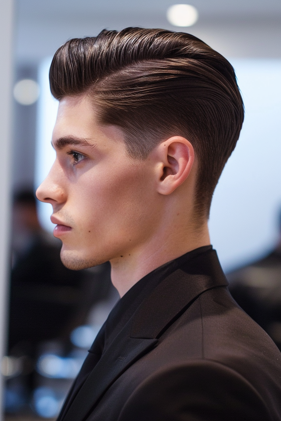 Low Taper Fade Men Hairstyle. Sleek, deep brown, gel-combed top.